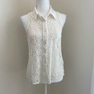 Pins and Needles White Button Up with Sheer & Embroidered Designs. EUC